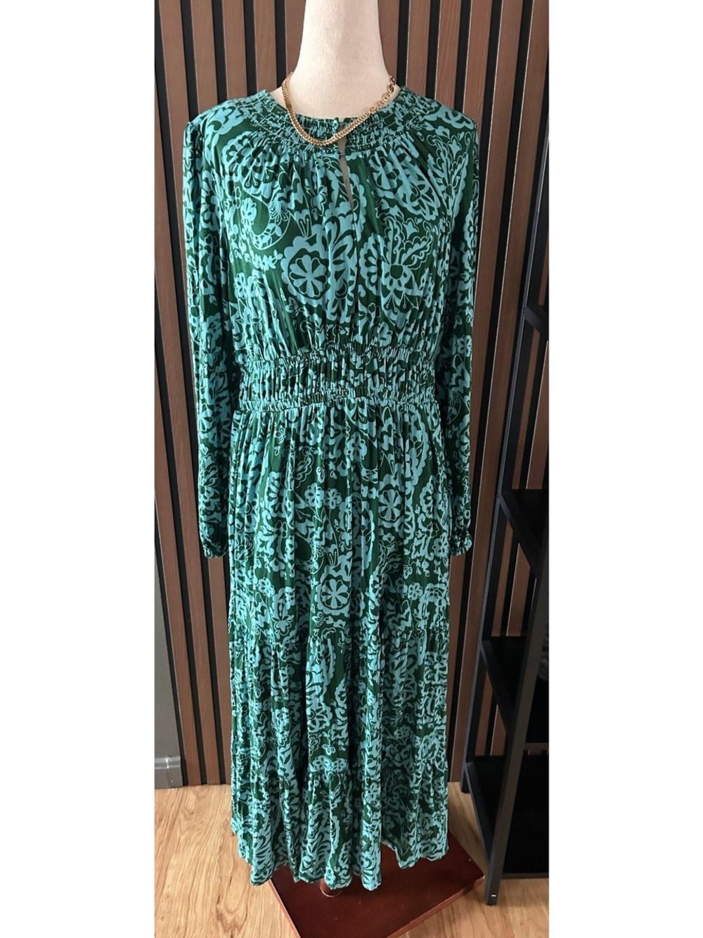 Boden Teal and Black Floral-Print Long Sleeve Maxi Dress